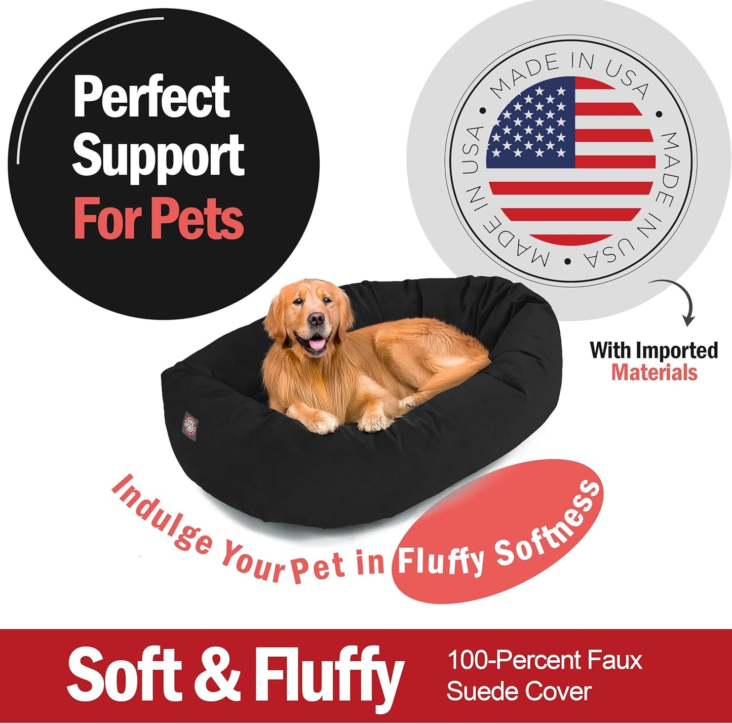 Majestic Pet 40 Inch Suede Shredded Memory Foam Mix Calming Large Dog Bed Washable 40 x 29 x 9 (Inch) - Cozy Soft Round Donut Dog Bed with Spine for Head Support - Pet Bed Black - Pet Explorer