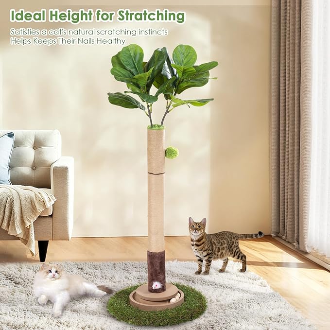 Cat Scratching Post, 35 Inch Tall Cat Scratcher Cat Tree Tower with Hanging Ball for Indoor Cats Adults,Fiddle Leaf Sisal Rope Kitten Scratch with Interactive Mouse Cat Toy
