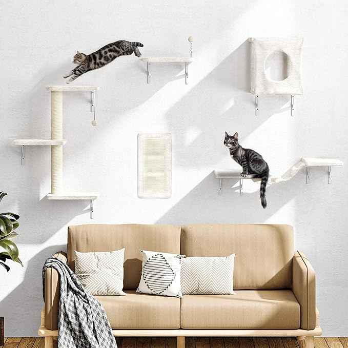 Wall Mounted Cat Furniture, 5 Pcs Cat Wall Shelves with House, Bridge, Steps, Scratching Post, Shelves, Indoor Safe & Stable Furniture for Kittens Play,Beige