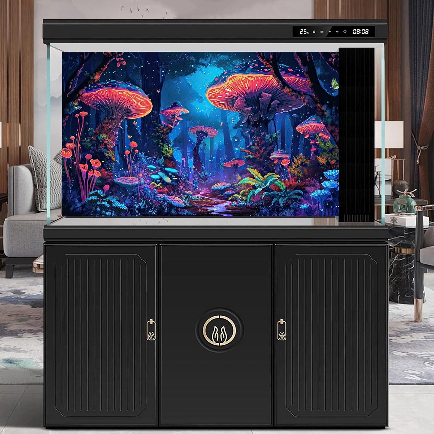 Mushrooms Aquarium Background Fantasy Bright Flowers Butterflies Fish Tank Backdrop Decoration Poster Trippy Wonderland Landscape with Giant Mystical Mushrooms Terrarium Background Decor 72x18in - Pet Explorer