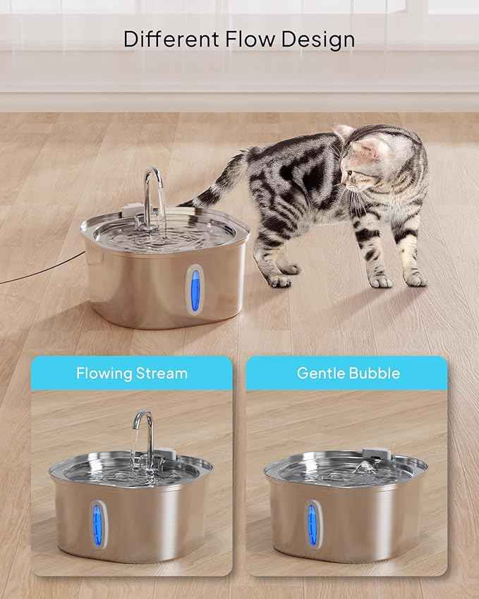 PEKTACO Stainless Steel Cat Water Fountain, 3.2L/108oz Cat Water Dispenser with Quiet Water Pump and Water-Level Window, Dishwasher Safe Pet Drinking Fountain for Cats with 6 Filters + 6 Sponges