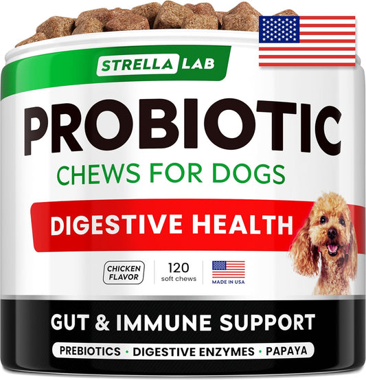 STRELLALAB Pet Probiotics for Dogs & Digestive Enzymes + Digestion & Gut Health Treats, Dog Probiotics Chews, Fiber Supplement, Anti Diarrhea, Constipation, Upset Stomach&Gas Relief, Canine Prebiotic - Pet Explorer