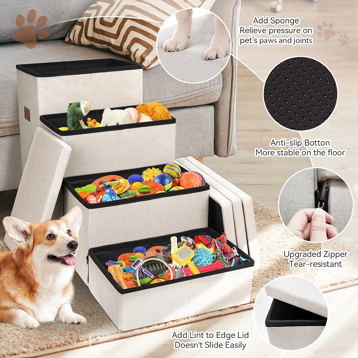 Dog Stairs with Condo 23" H, 4-Step Wider Folding Storage Pet Stairs Gift for Small/Medium/Large Old Dogs Cats, Dog Steps for High Beds Window, Ramp for Climbing Car Up to 200 lbs, Beige - Pet Explorer