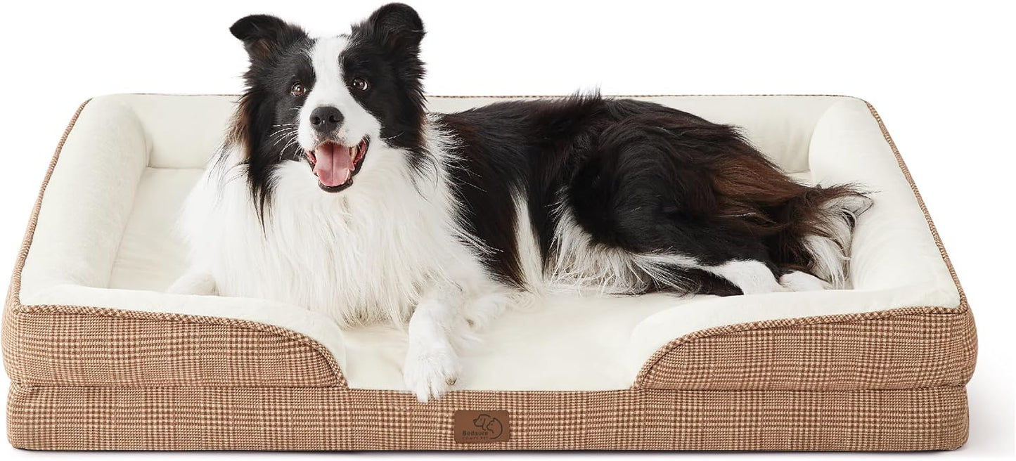Bedsure Orthopedic Dog Beds Large Sized Dog - Washable Large Dog Cat Bed Waterproof, Comfort Dogs Couch Sofa with Washable Removable Cover, Pet Bed with Nonskid Bottom, Plaid-Brown, 35" - Pet Explorer