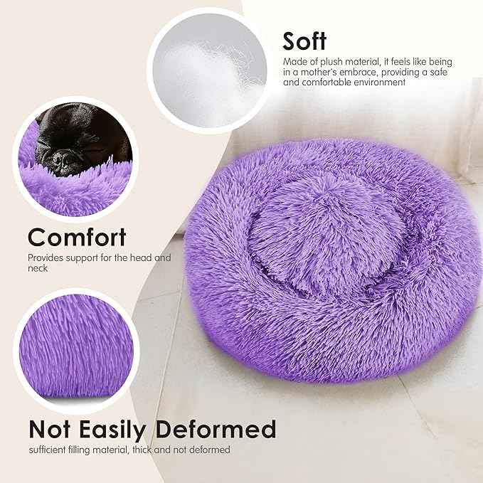 Dogs Bed for Small Dogs, Anti-Anxiety Washable Round Bed (Purple, 24.0" L x 24.0" W x 8.0" Th)