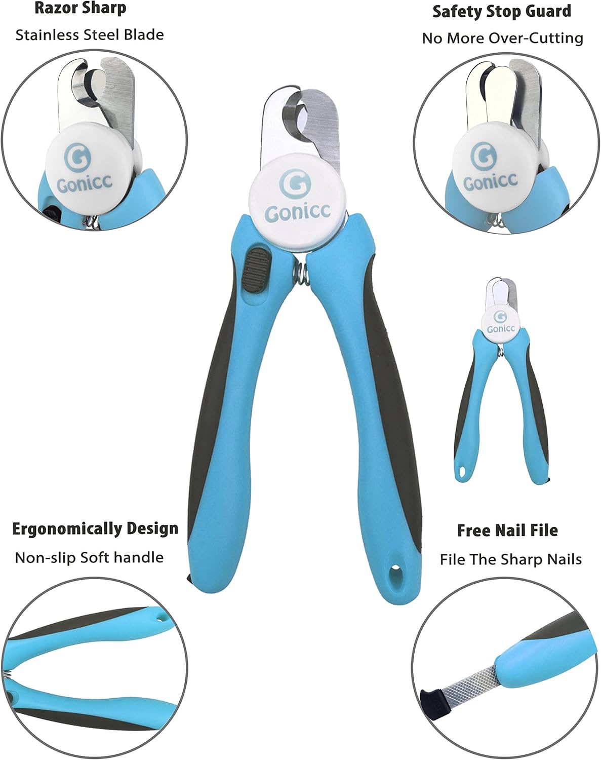 gonicc Professional Small Dog and Cat Nail Clippers Sharp Stainless Steel Pet Nail Trimmers(with Free Nail File in Handle), with Safety Guard to Avoid Overcutting