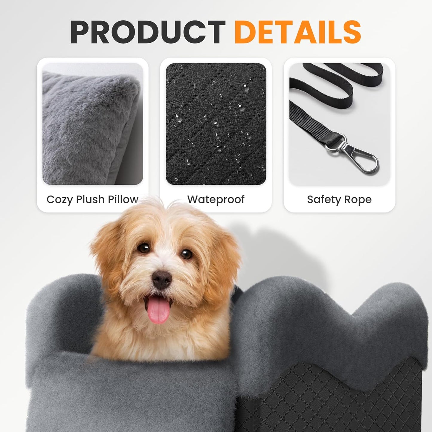 Portable Small Dog Seat for Car(Up to 11LB),Luxury Center Console Dog Car Seat Booster with Safety Tethers,Auti-Collapse Pet Travel Carrier for SUV,Truck.(Black/Grey) - Pet Explorer