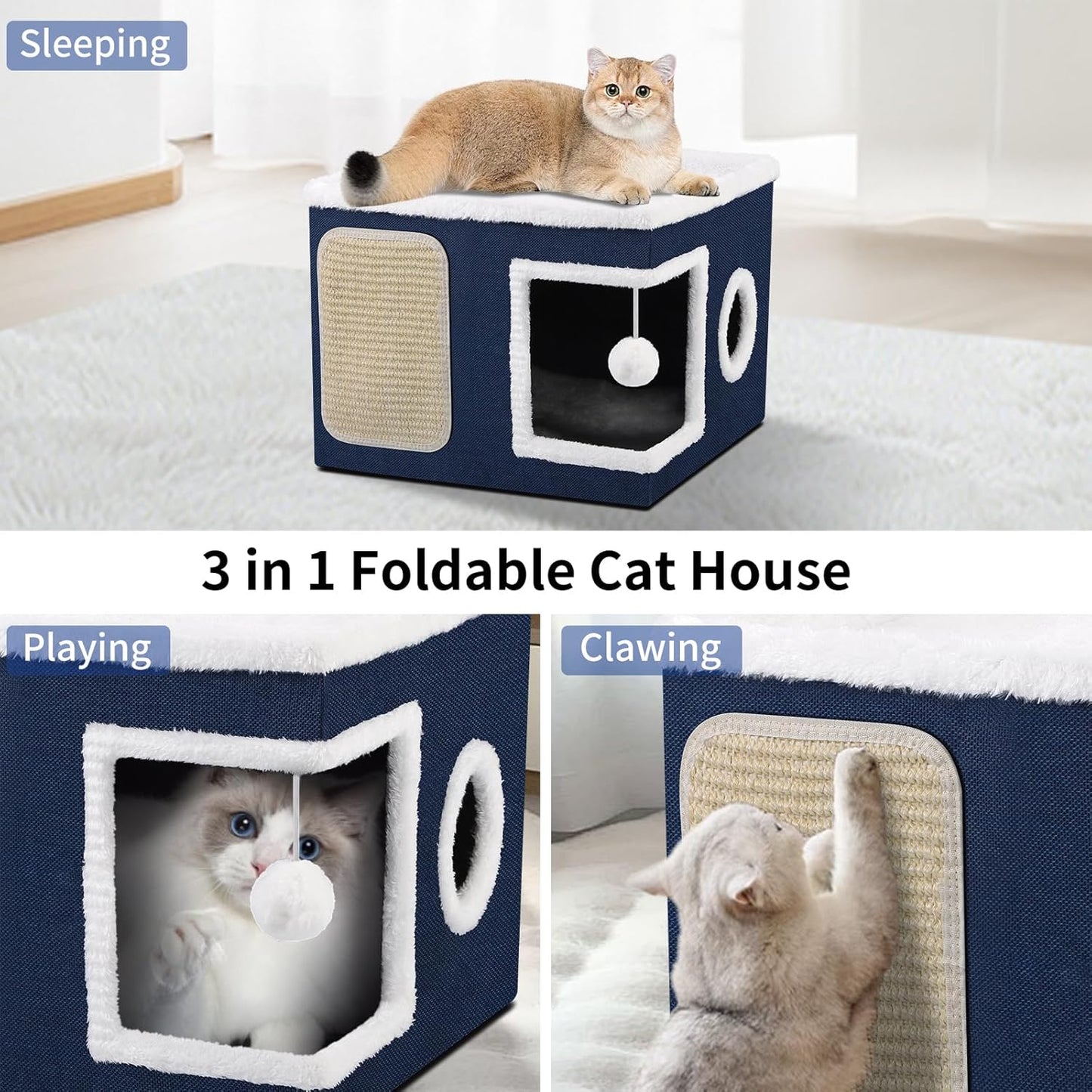 Cat House Bed for Indoor Cats, Large Cat Cave with Cozy Condo, Fluffy Hanging Ball, Scratch Pad, Hide-and-Seek, Foldable Indoor Cat House Hideaway with Double-Sided Soft Cushions for All Seasons, Blue - Pet Explorer