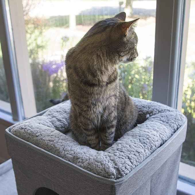 Kitty City Large Stackable Cat Condo & Cube House, Modular Indoor Cat Furniture with Plush Washable Beds, Collapsible Cat Cave & Lounging Ottoman, Grey