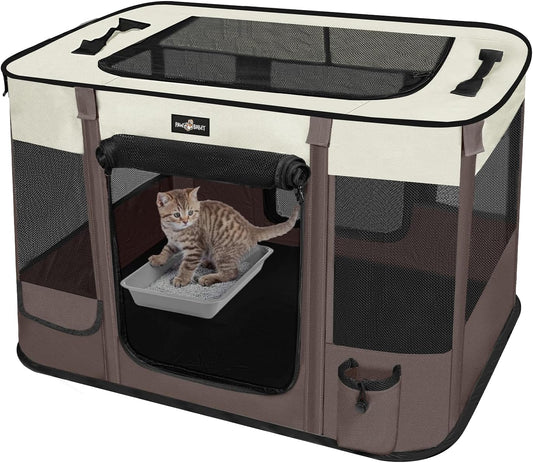 Foldable Pet Kitten Playpen, Upgrade Waterproof Portable Cat Dog Playpen Kennel Tent for Small Dog Cat, Removable Shade Cover, Indoor Outdoor Use for Small Pet, Brown - Pet Explorer