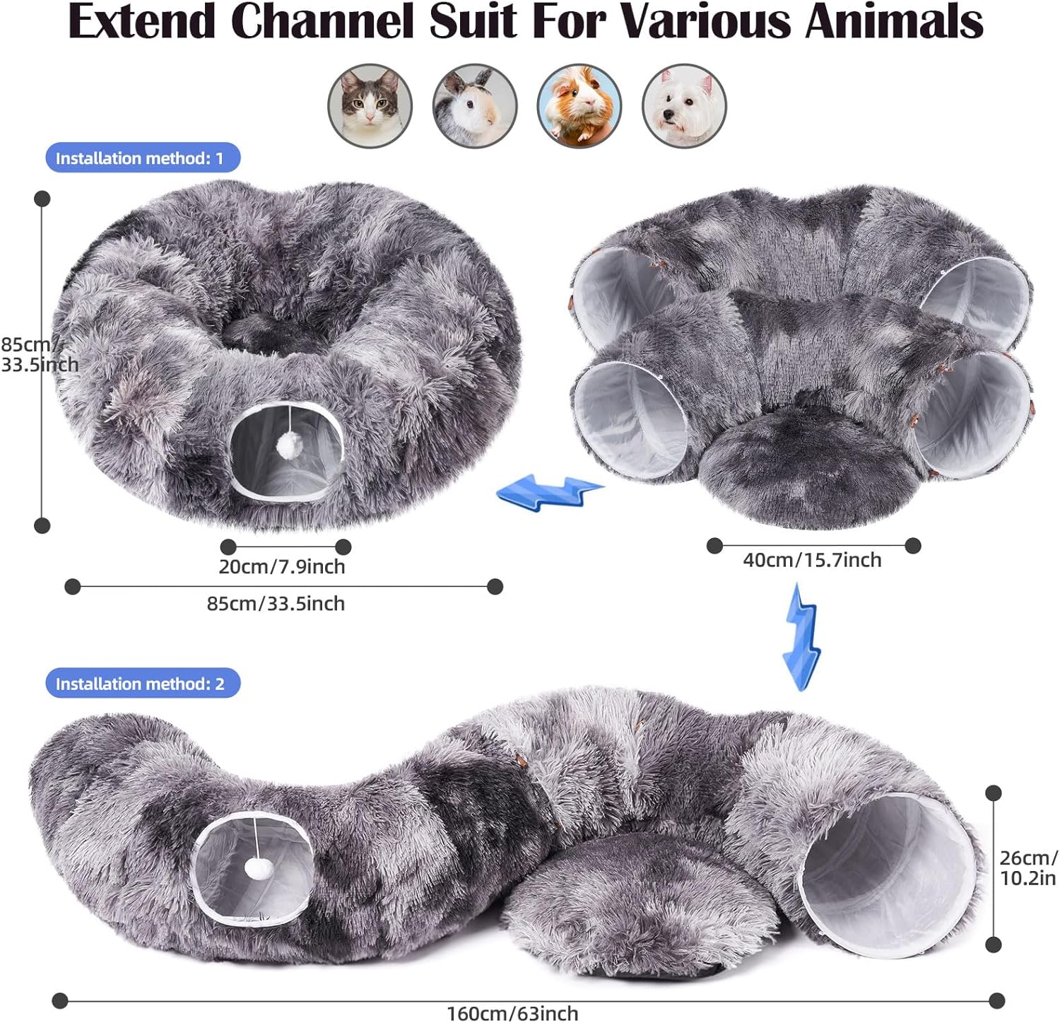 Odoland Cat Tunnels for Indoor Cats with Fluffy Plush Central Cat Couch and 20 Cat Toys, Tunnel Bed for Cats with Hanging Ball, Detachable Soft Mat and Variety Kitty Toy Set, Grey - Pet Explorer