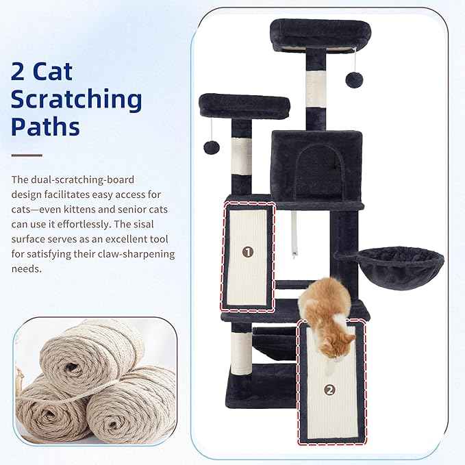 Multi-Level Cat Tree for Indoor Cats, Cat Tower with 2 Scratching Boards, 2 Plush Padding Platforms, Cat Condo House with Hammock, Basket, Smoky Gray GCT022G