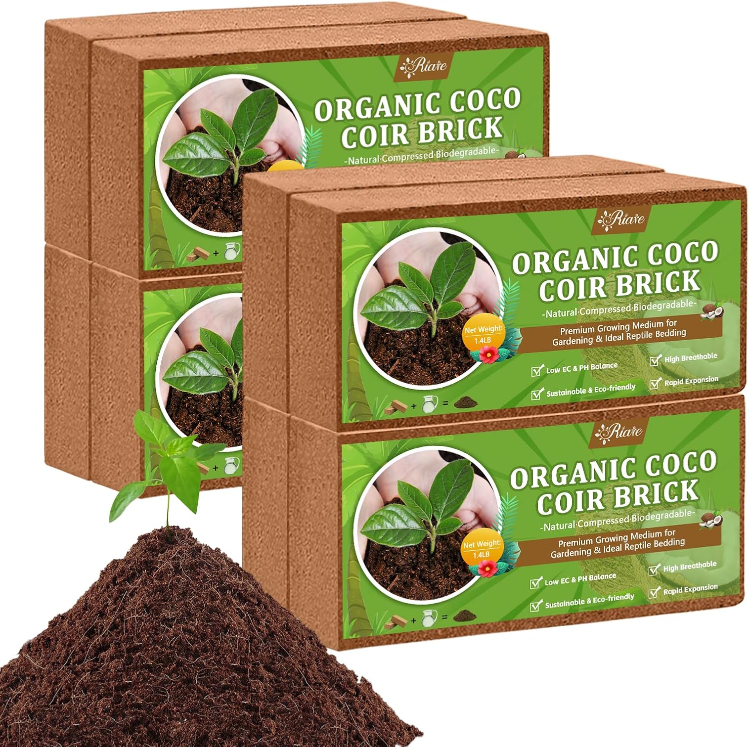Riare 8pcs Organic Coco Coir Bricks Soil Blocks- 100% Natural Compressed Coco Peat Brick Coconut Fiber Substrate with Low EC& pH Balance, High Expansion Coco Coir Pith Coconut Husk for Garden - Pet Explorer