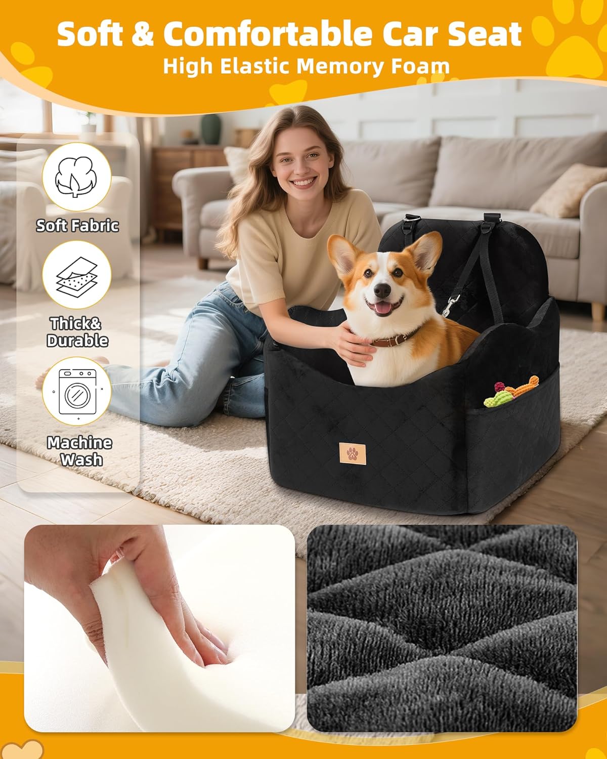 Car Seat Booster for Dog: High-Support Memory Foam Pet Car Seat for Small/Medium Dogs Under 35lbs with Elevated Cushion - Detachable Washable Puppy Travel Bed for Driving with Pockets (Black) - Pet Explorer