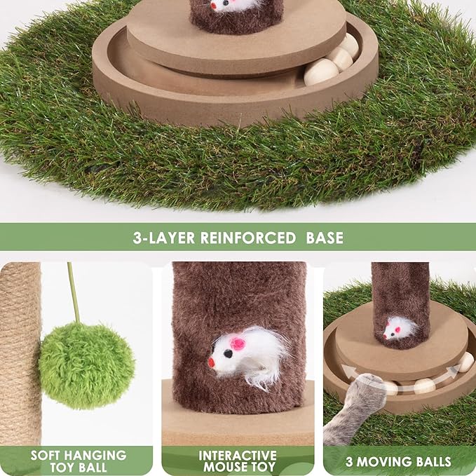 Cat Scratching Post, 35 Inch Tall Cat Scratcher Cat Tree Tower with Hanging Ball for Indoor Cats Adults,Fiddle Leaf Sisal Rope Kitten Scratch with Interactive Mouse Cat Toy