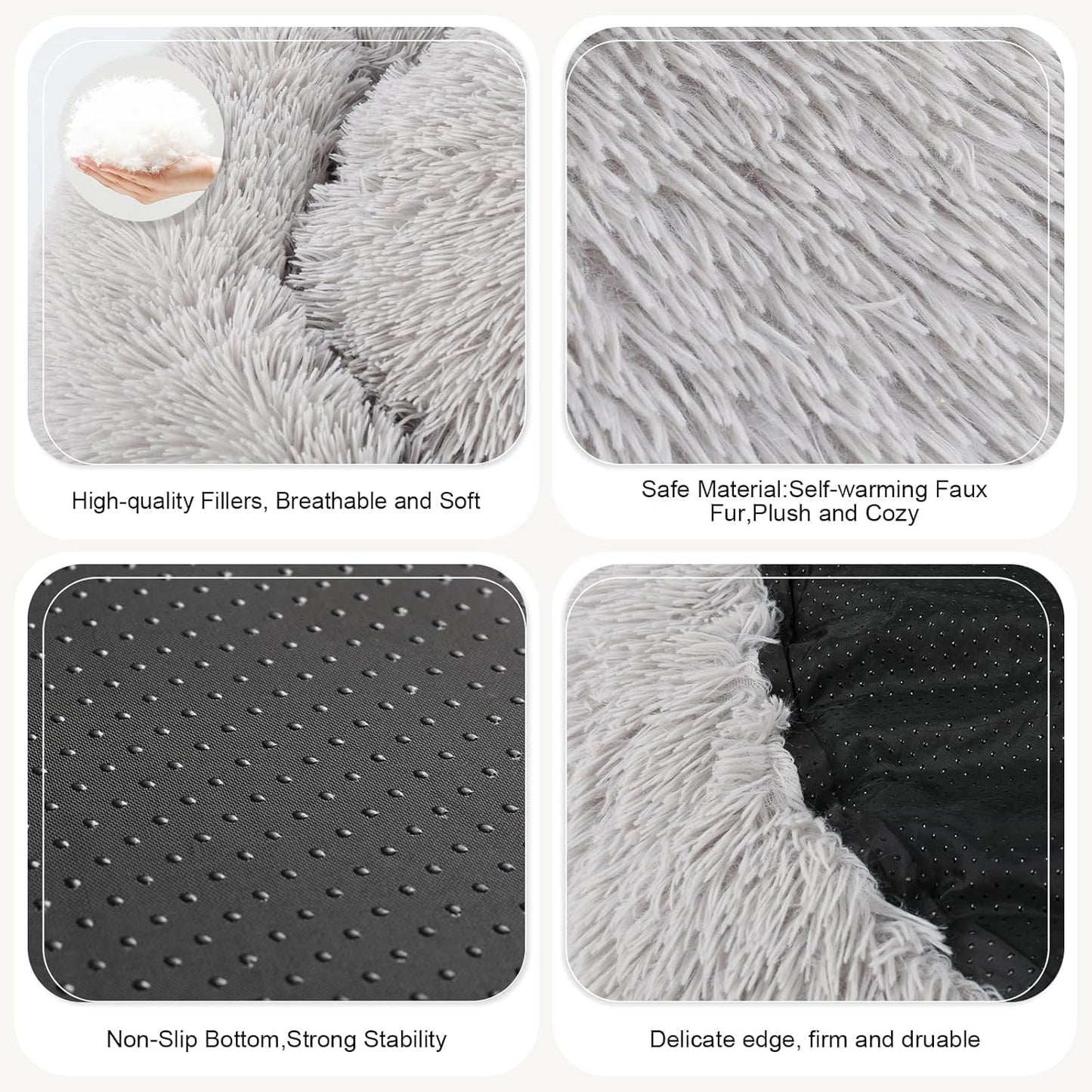 Dog Bed, Cat Calming Bed, Faux Fur Pillow Pet Donut Cuddler Round Plush Bed for Large Medium Small Dogs and Cats (Light Grey, 49.0" L x 38.0" W x 7.0" Th) - Pet Explorer