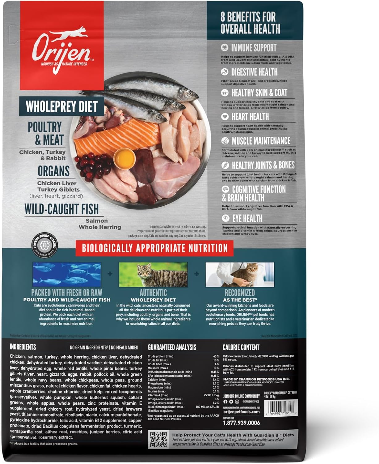 ORIJEN Guardian 8 Grain Free High Protein Premium Dry Cat Food 4lb Bag