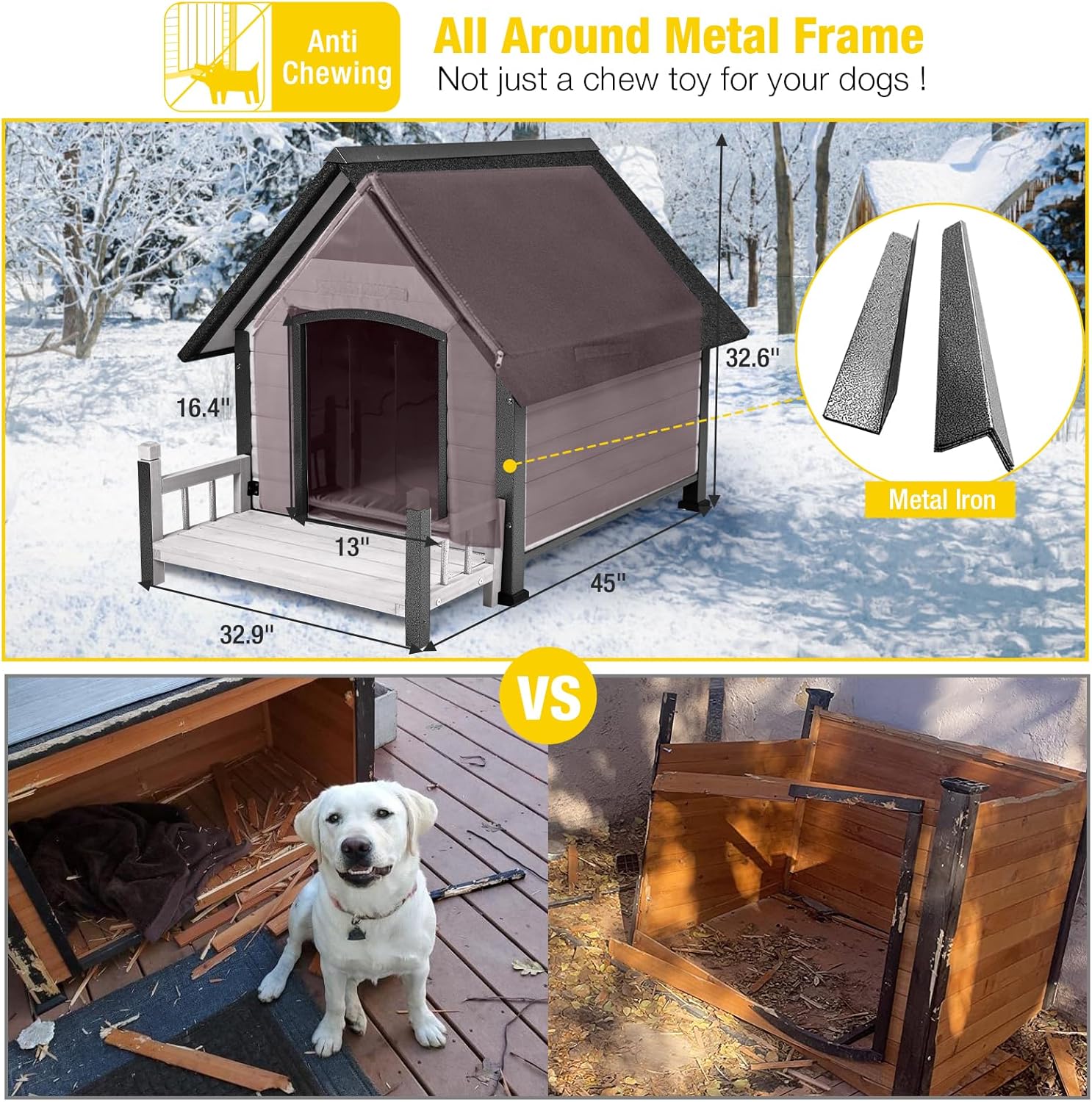 Aivituvin Dog House Outdoor With Metal Frame, Insulated Dog Kennel Outside for Small To Medium Breed, 45" Weatherproof Large Dog Shelter with Anti-Chewing Iron Frame, White (45" D x 32.9" W x 32.6" H) - Pet Explorer