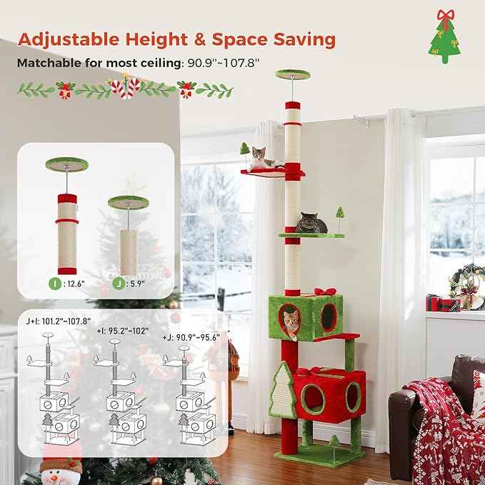 PETEPELA Floor to Ceiling Christmas Cat Tree, Tall Cat Tower (Adjustable Height 90.9-107.8 in) with 2 Large Condos, Scratching Posts & Detachable Cat Toys for Large Adult Cats, Red/Green
