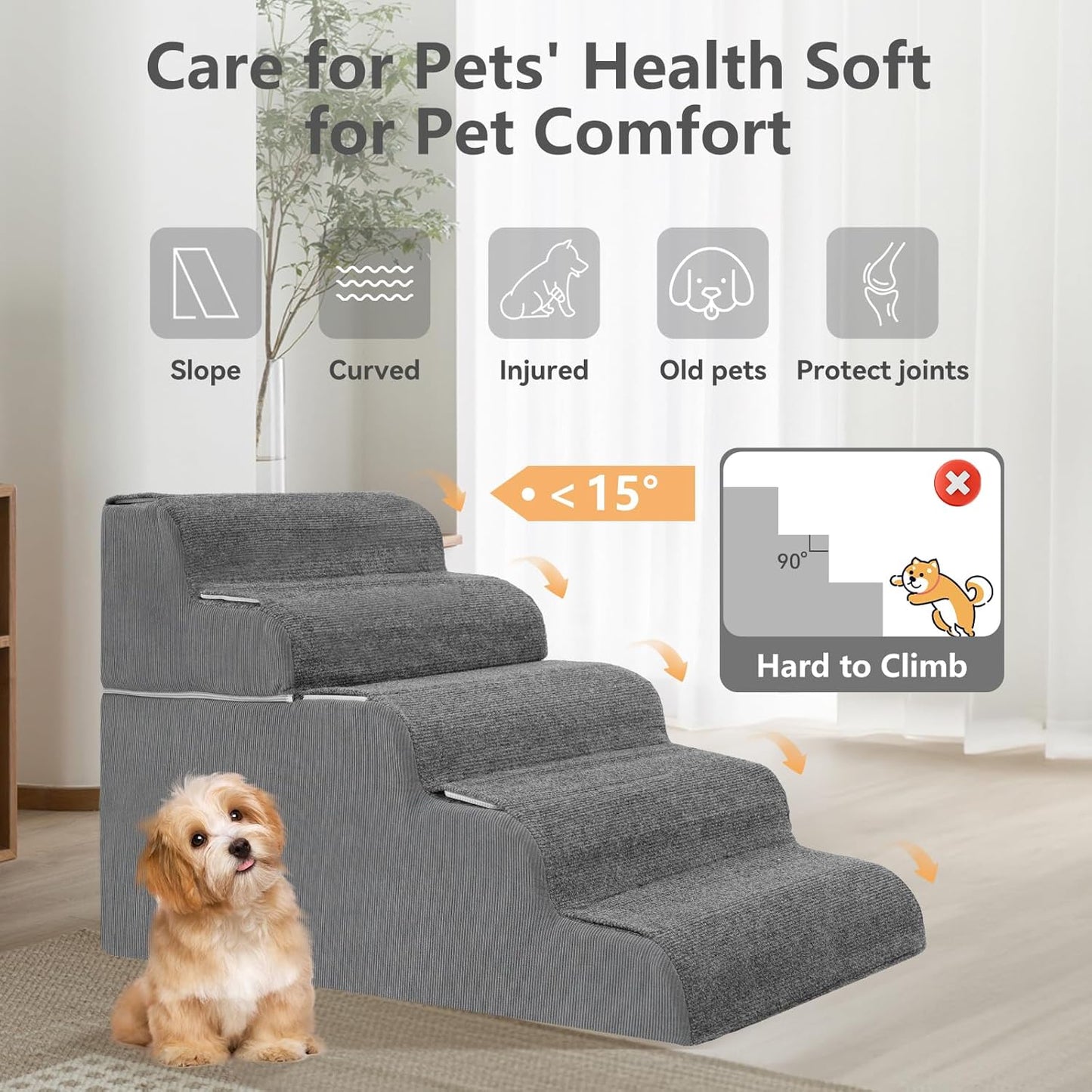 𝟱 𝗦𝘁𝗲𝗽𝘀 Dog Stairs for High Beds, 21.3" Tall Pet Steps for Small to Large Dogs & Cats, Waterproof with Removable Cover & PE Support Board for Bed, Couch, or Car - Pet Explorer
