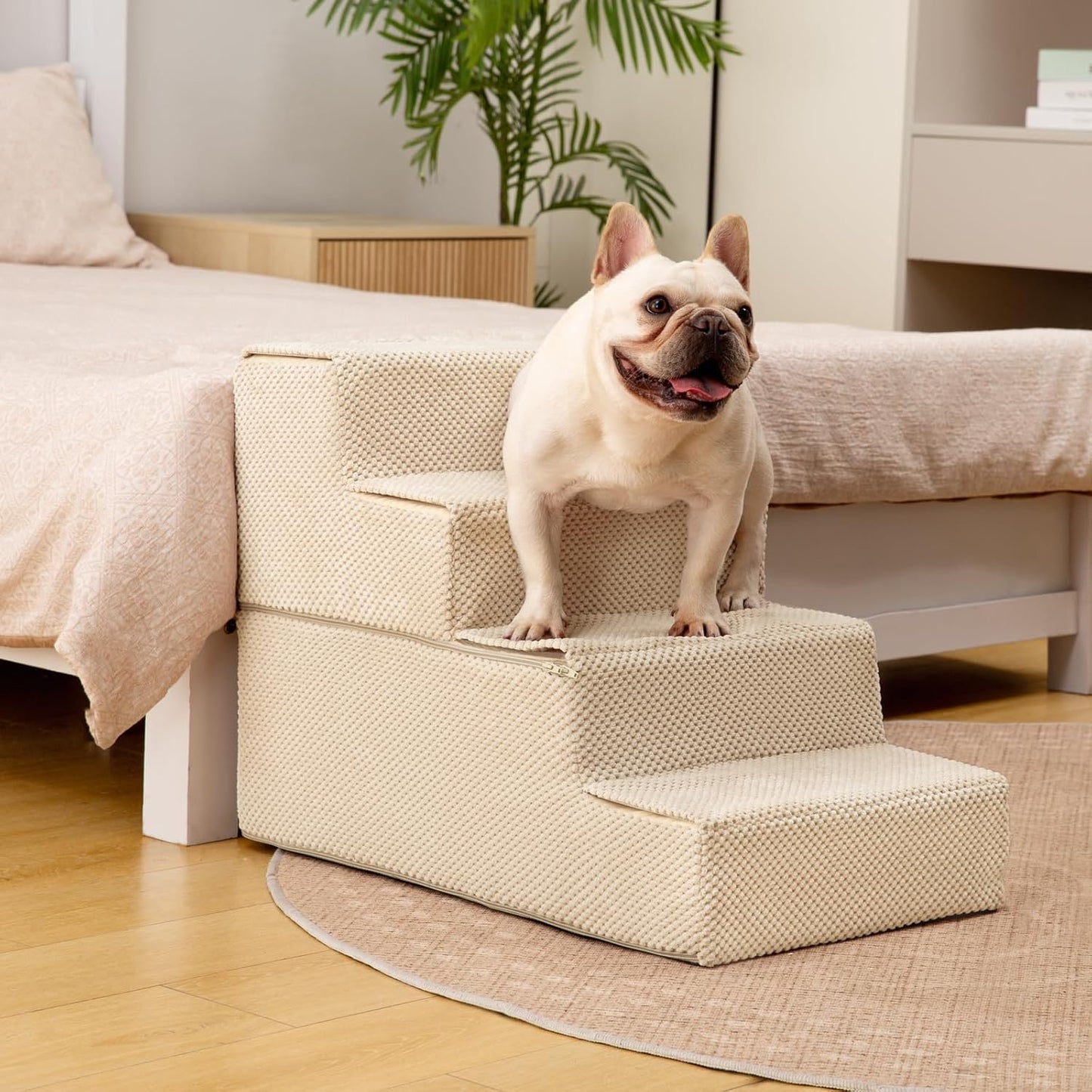 Dog Stairs for Bed 18.5" H, 4-Step Dog Steps for Small Dogs and Cats, Indoor Non-Slip Balanced Pet Stairs are Suitable for Puppy, Older Cat,Beige - Pet Explorer