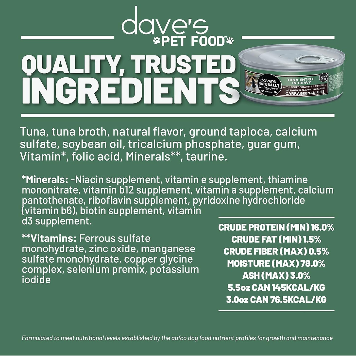 Dave's Pet Food Grain Free Wet Cat Food (Tuna Entree in Gravy), Naturally Healthy Canned, Added Vitamins & Minerals, 5.5 oz Cans (24 Pack)