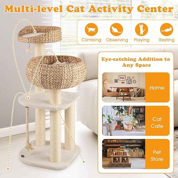 PETSITE 41 Inch Modern Cat Tree for Indoor Cats, Multi-Level Cute Cat Tree with Scratching Posts, Hand-Made Wicker Cat Condo & Top Perch, Dangling Ball, and Sisal Rope, Beige