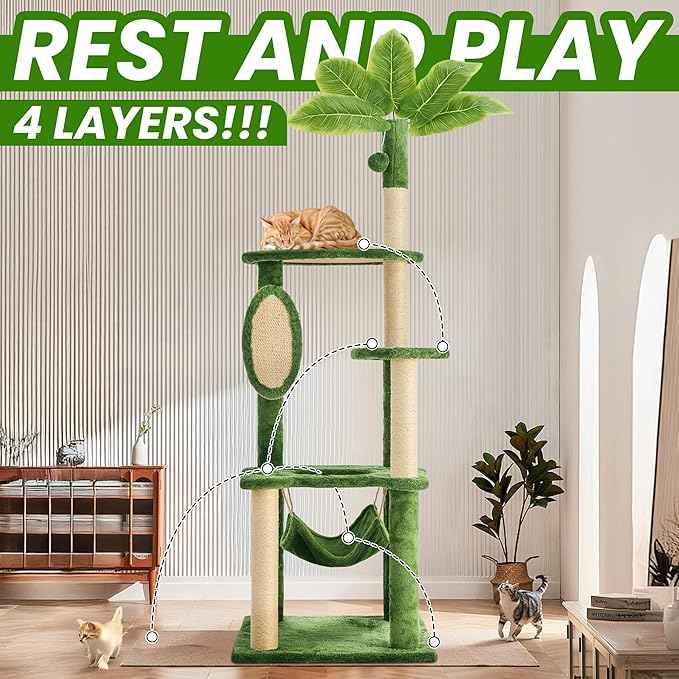 55 Inch Large Cat Tree Tower for Indoor Cats with Hammock Green Leaves Sisal Scratching Post, Plush Hang Ball Play Furniture for Kittens & Adult Cats, Green