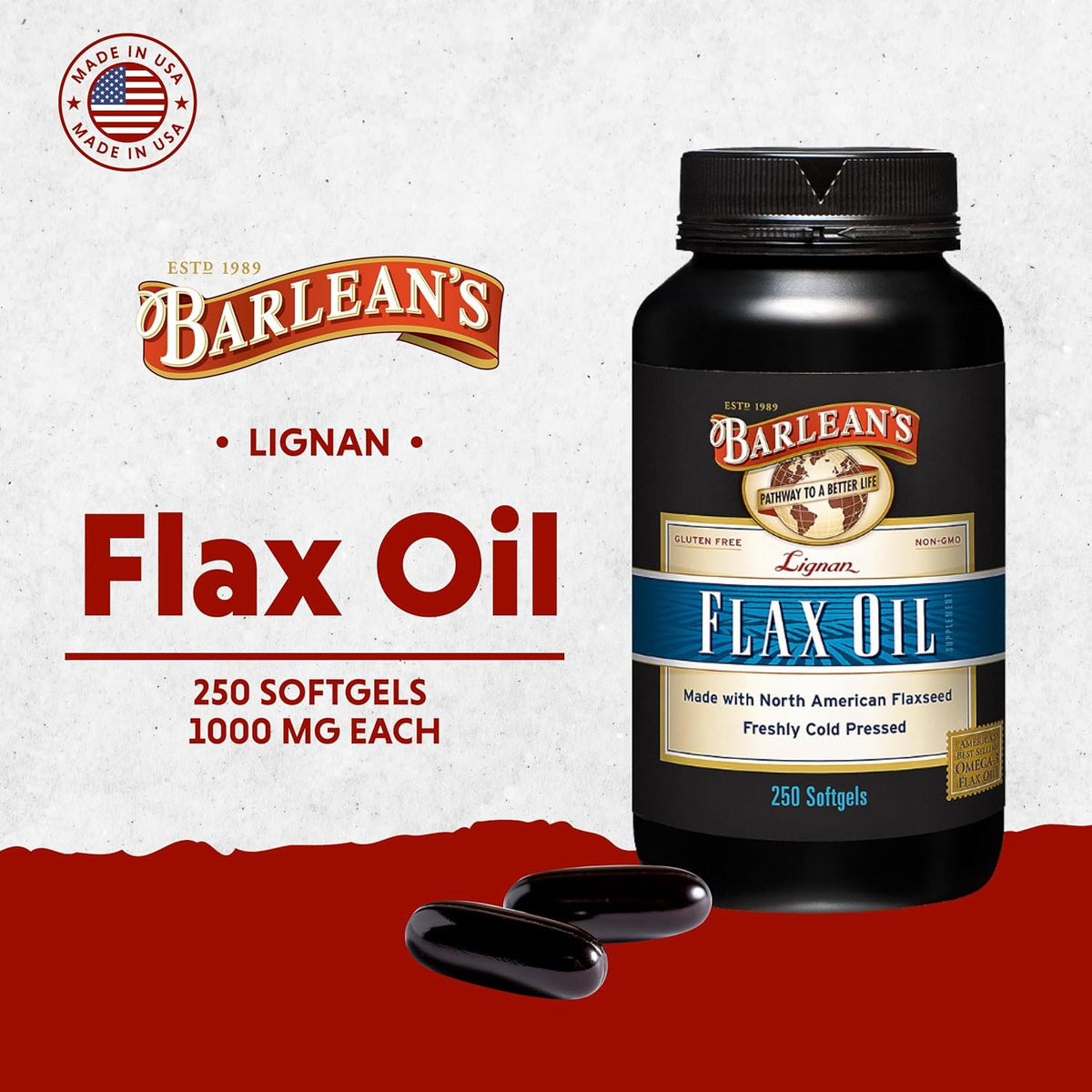 Barlean's Lignan Flaxseed Oil Softgels, Cold-Pressed Flax Seed Supplement with 1,550 mg ALA Omega-3 Fatty Acids for Joint & Heart Health, 1000mg, 250 ct