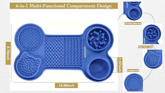 Pet Feeding Dishes,Slow Feeder Lick Mat for Dogs,Cat Licking Mat with Strong Suction Cups - 6-in-1 Interactive Snuffle Mat for Fast Eaters,Anxiety Relief,Grooming & Bath Time (Dark Blue)