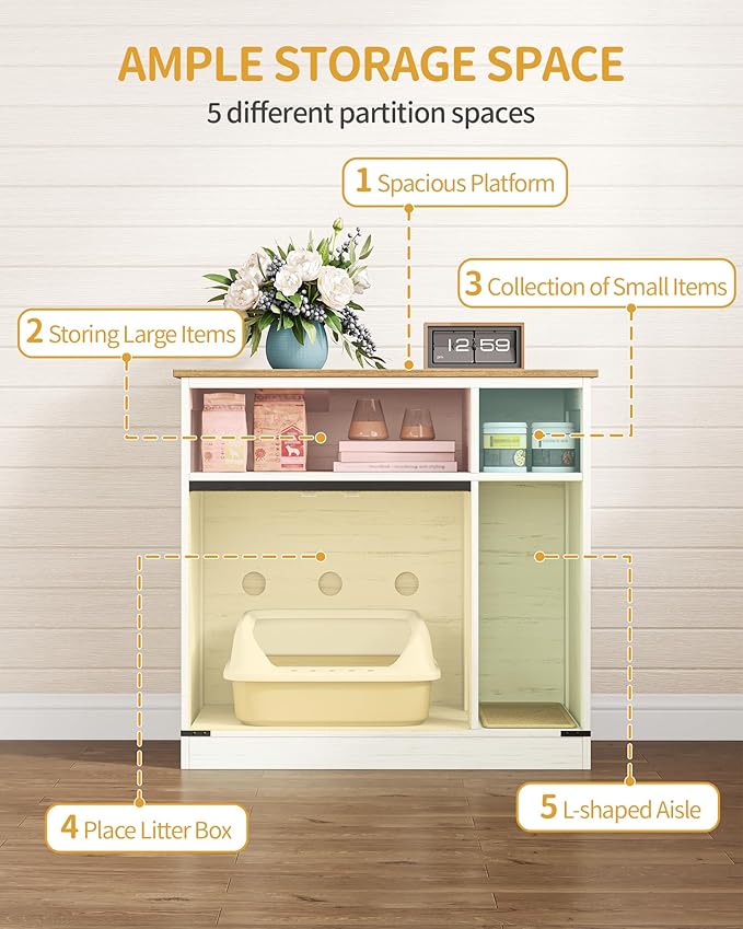 Cat Litter Box Enclosure, Hidden Litter Box Furniture with Storage, Wooden Cat Cabinet with Scratch Pad, Farmhouse Cats House, TV Stand End Table, Rustic Brown and White CB87514X