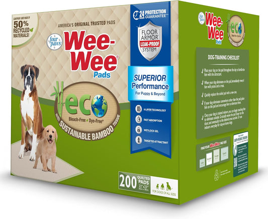 Four Paws Wee-Wee Superior Performance Bamboo Pee Pads for Dogs, Earth Friendly Dog & Puppy Potty Training Pads, Crate Liners, Housebreaking Supplies, 22" x 23" (200 Count) - Pet Explorer