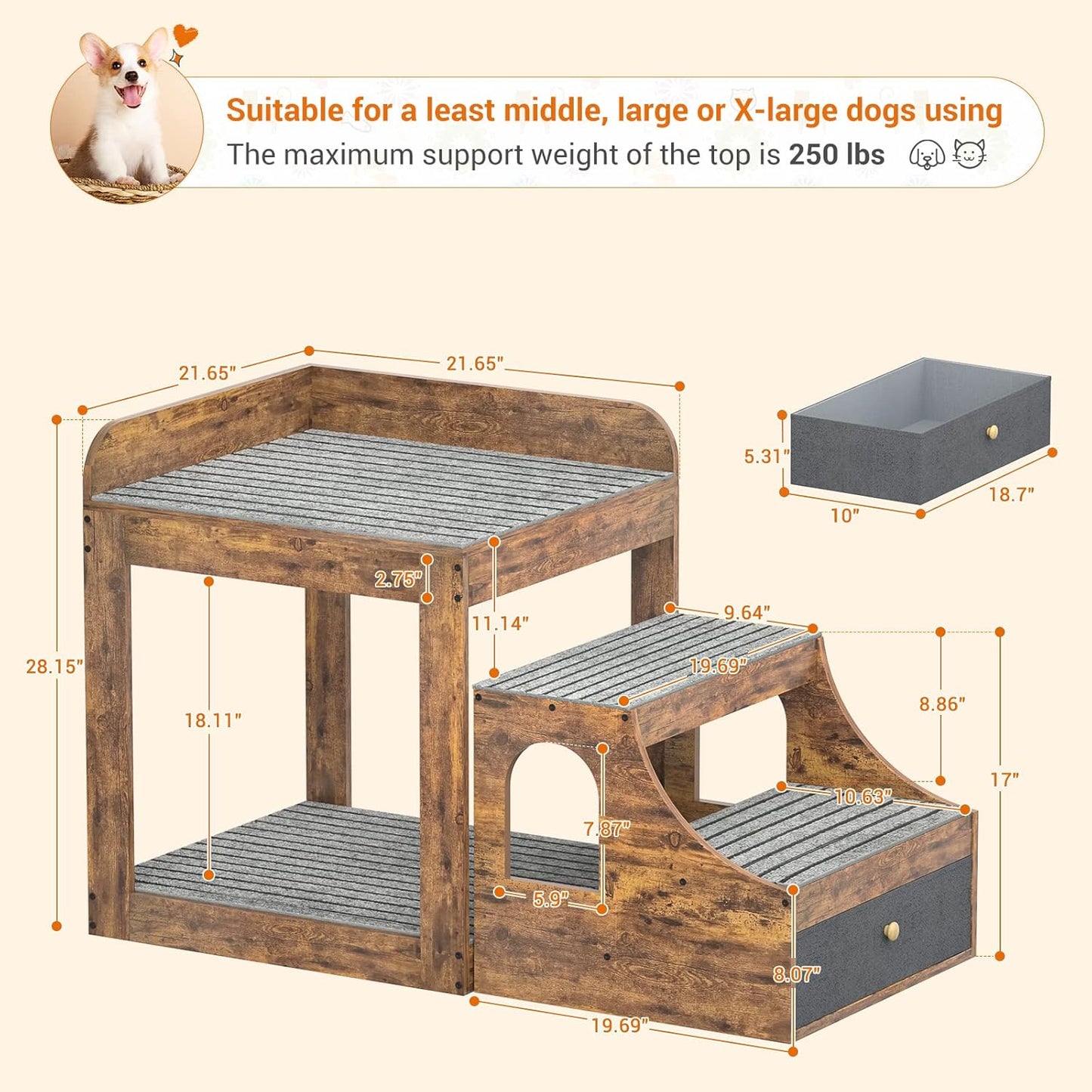 Pet Window Perch with Stairs, Super Large Pet Bunk Bed for Cats, Multi-Level Pet Seat Platform with Mats, Pet Bed Couch with Drawers for Bedside, Home, Indoor Use, Large Size, R - Pet Explorer