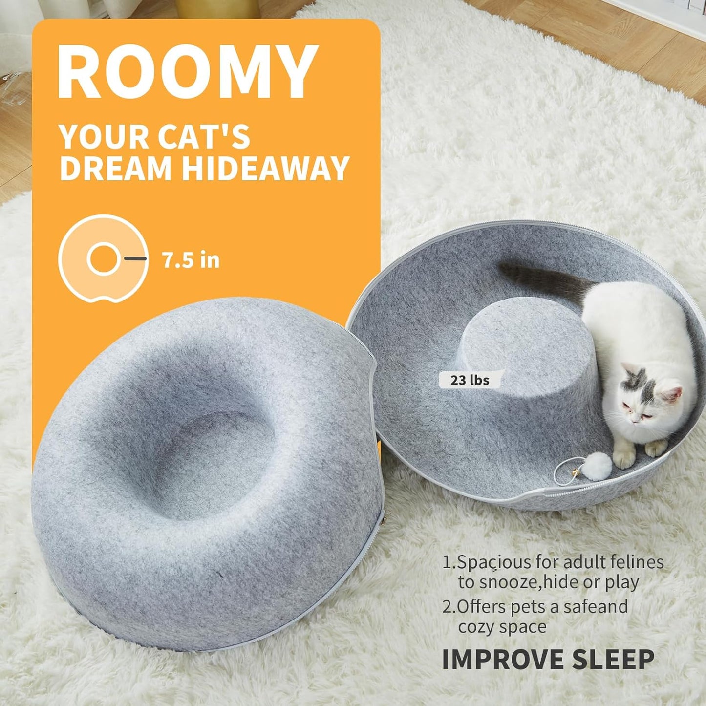 Jia Xi Cat Tunnel and Bed Combo - Donut Cat Condo & Cave, Universal for All Seasons (24 in * 24 in * 11 in), Light Grey - Pet Explorer