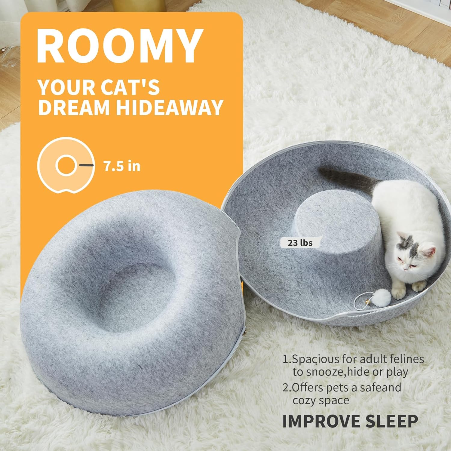 Jia Xi Cat Tunnel and Bed Combo - Donut Cat Condo & Cave, Universal for All Seasons (24 in * 24 in * 11 in), Light Grey - Pet Explorer