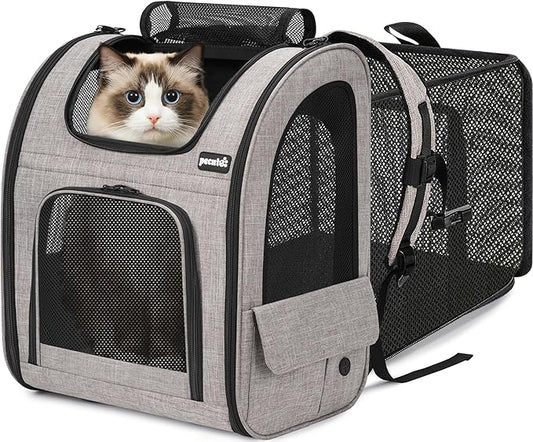Pecute Cat Backpack Carrier XL, ExpandablePet Backpack for Cats & Small Dogs Up to 15lbs, with 4-Side Breathable Mesh, Multi-Entry & Lockable Zippers for Travel, Hiking, Camping - Hands Free, Khaki