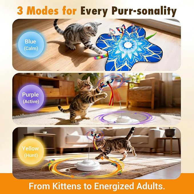 Interactive Cat Toys for Indoor Cats, 3-in-1 Hide and Seek Cat Toy with Fluttering Butterfly & Moving Concealed Feathers, 3 Prey Sounds, Rechargeable Auto Play Mat for Bored Adult Cats/Kittens (Blue)