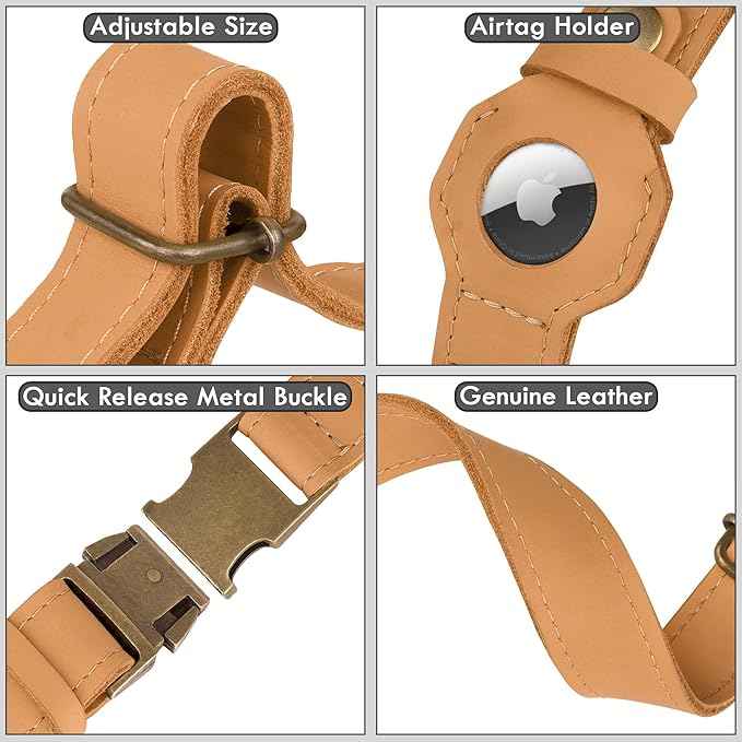 AirTag Dog Collar - Genuine Leather Dog Collar with Apple AirTag Holder and Metal Buckle - Smart GPS Tracking Pet Collars (Light Brown, L, 17"-21" Neck Fit)