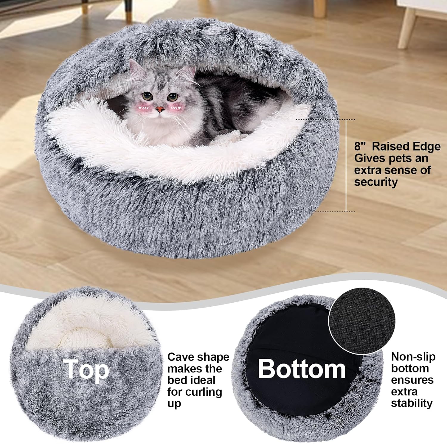 MADDEMCUTE Calming Dog & Cat Cave Bed With Hooded Cover, Removable Washable Round for Small Medium Pets, Anti-Slip Faux Fur Fluffy Coved for Improved Sleep, Fits up to 15/25 lbs (Grey, S) - Pet Explorer