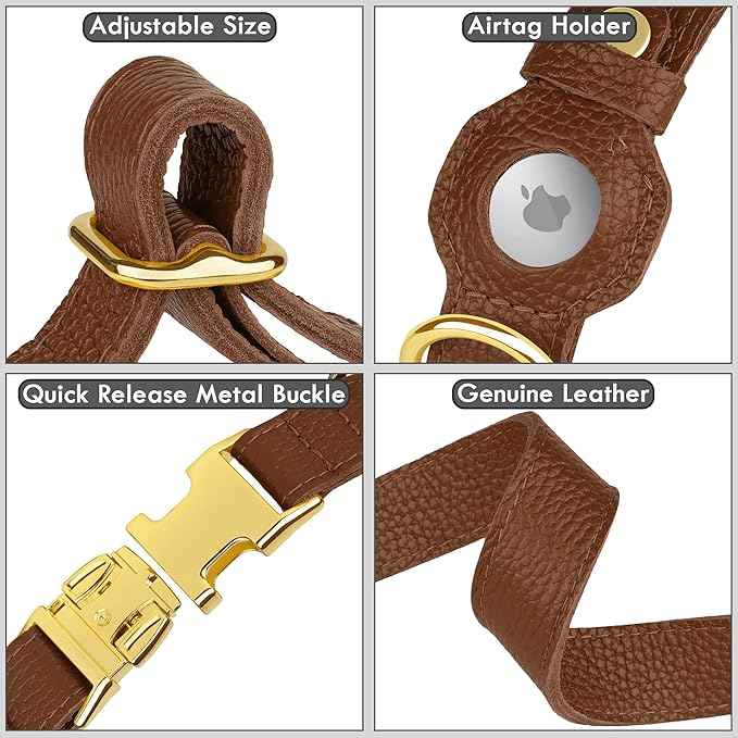 Leather Airtag Dog Collar - Soft Tracking Dog Collar with Apple AirTag Holder and Metal Buckle - Safety GPS Pet Collars for Small Medium Large Dogs Puppy Pink Red (Brown, S, 12"-15" Neck Fit)