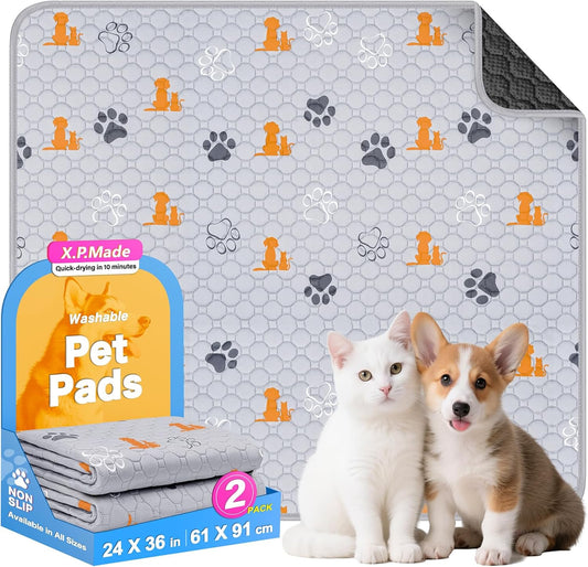 Washable Pee Pads for Dogs, 2 Pack Reusable Puppy Pads, Waterproof Pet Pee Pads for Dog Potty Training, Extra Large Dog Pee Pads for Crate, Playpen, and Whelping, Orange 24"x36" - Pet Explorer