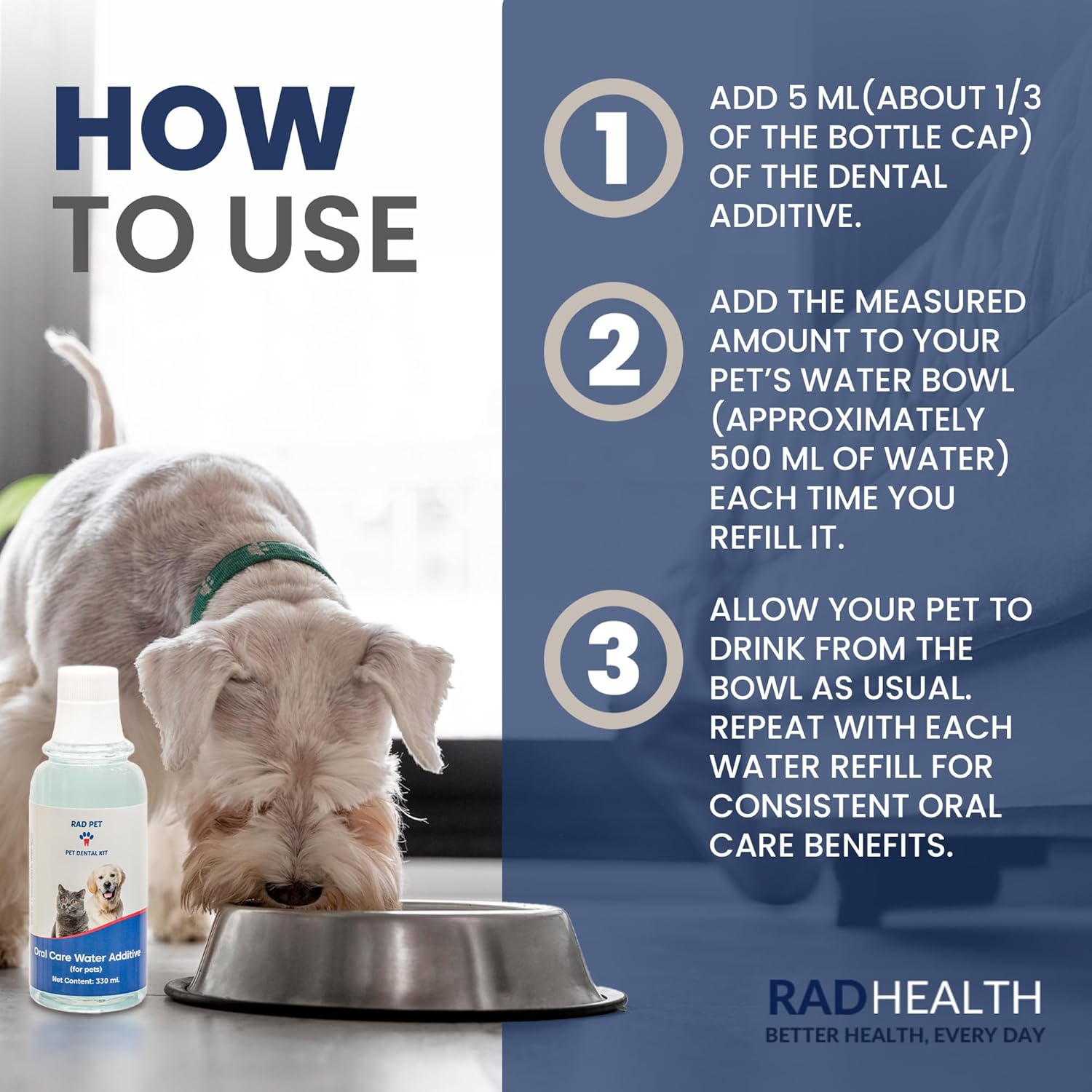 Rad Health Water Additive – Dog Dental Water Additive for Fresh Breath, Plaque & Tartar Control, Easy Mouthwash for Dogs & Cats, 330ml Formula Supports Daily Oral Hygiene, No Brushing Needed - Pet Explorer
