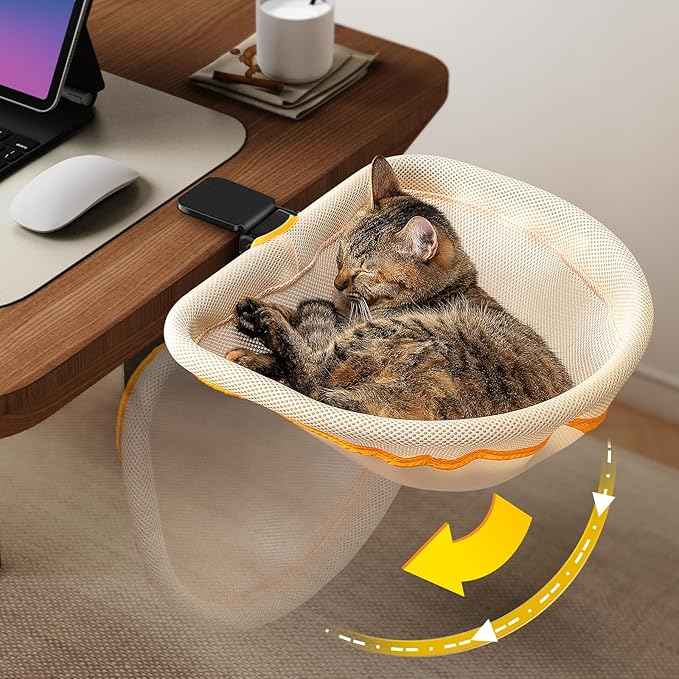 Cat Desk Bed - One-Click Folding, Sunken Design & Space-Saving Semi-Circular Cat Bed, Mesh Cover Material, Suitable for Various Desktops-Maximum Hold Up to 40lb