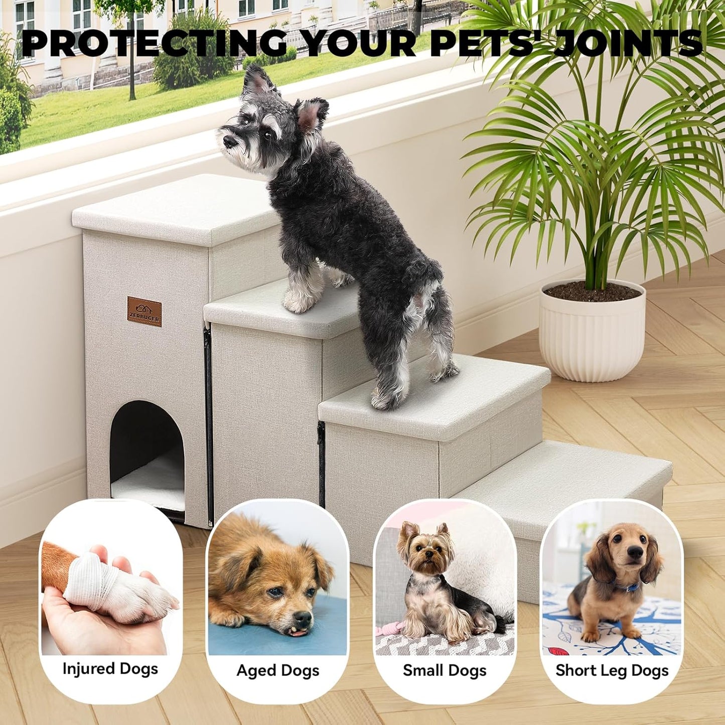 Dog Stairs with Condo 23" H, 4-Step Wider Folding Storage Pet Stairs Gift for Small/Medium/Large Old Dogs Cats, Dog Steps for High Beds Window, Ramp for Climbing Car Up to 200 lbs, Beige - Pet Explorer