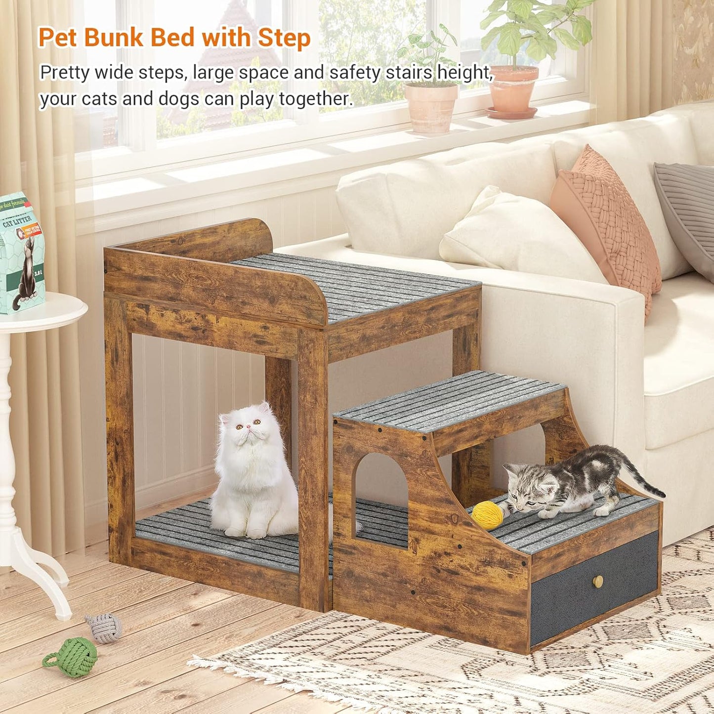 Pet Window Perch with Stairs, Super Large Pet Bunk Bed for Cats, Multi-Level Pet Seat Platform with Mats, Pet Bed Couch with Drawers for Bedside, Home, Indoor Use, Large Size, R - Pet Explorer