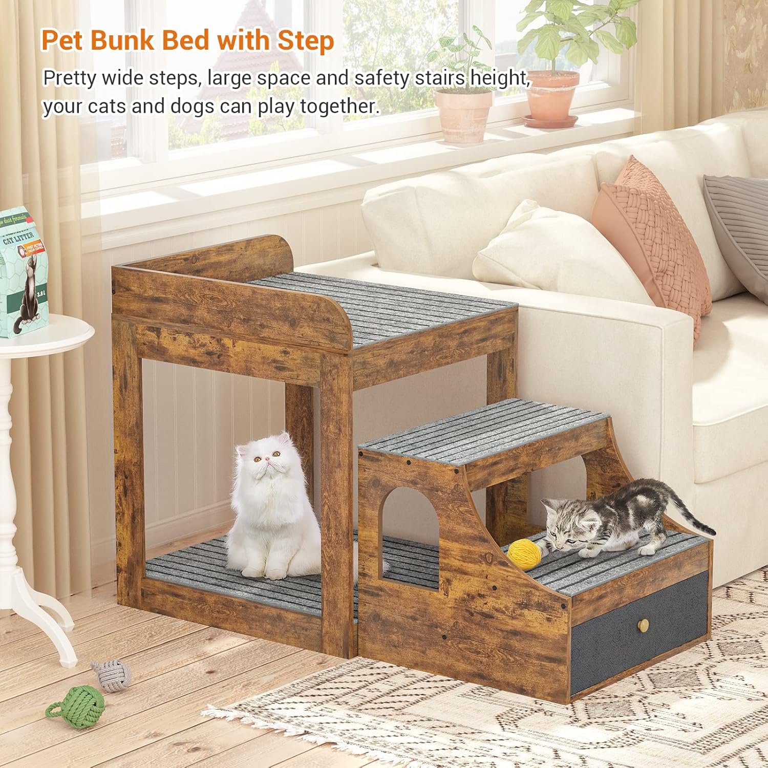Pet Window Perch with Stairs, Super Large Pet Bunk Bed for Cats, Multi-Level Pet Seat Platform with Mats, Pet Bed Couch with Drawers for Bedside, Home, Indoor Use, Large Size, R - Pet Explorer