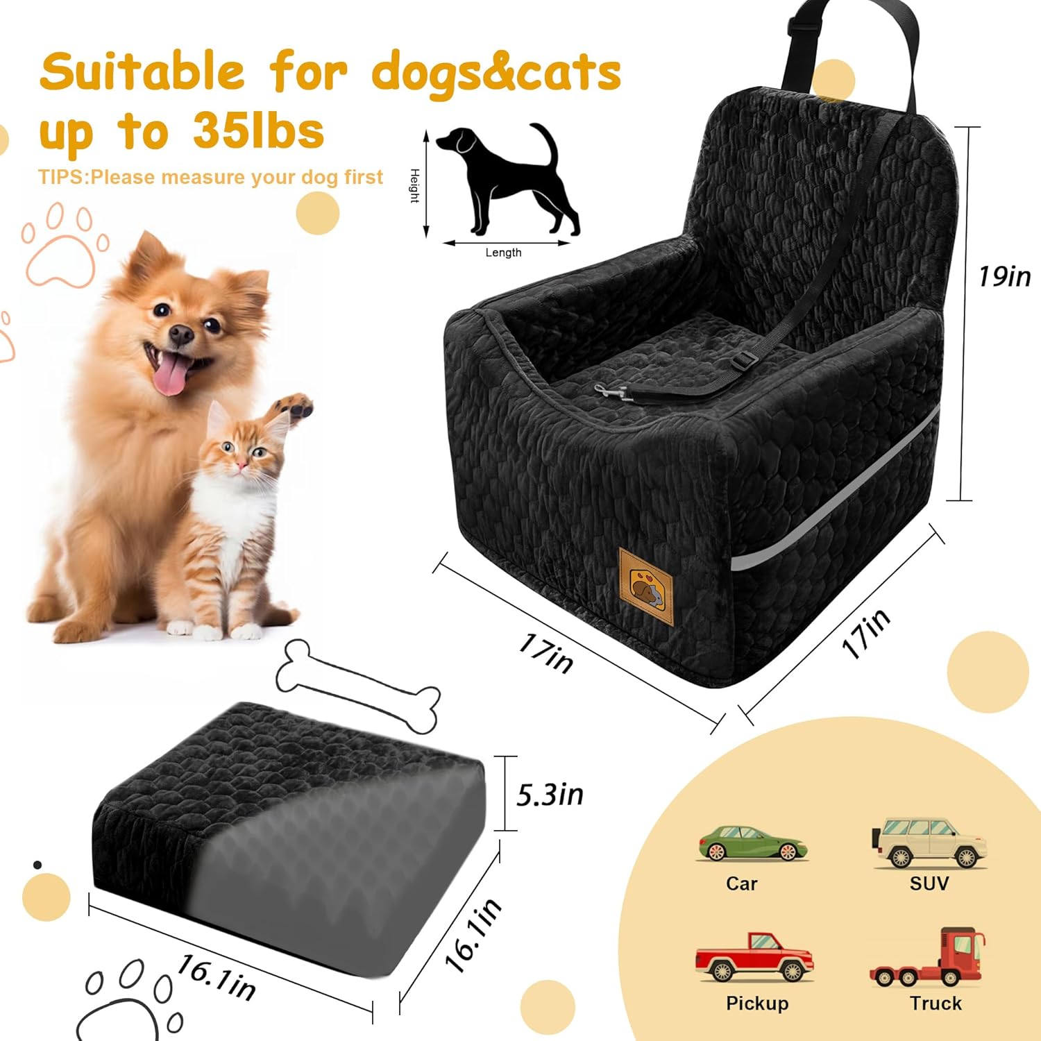 Dog Car Seat for Small/Medium Dogs, Memory Foam Dog Booster Seat, Travel Safety with Washable Removable Cover, Storage Pockets for Dogs up to 35 lbs(Black) - Pet Explorer