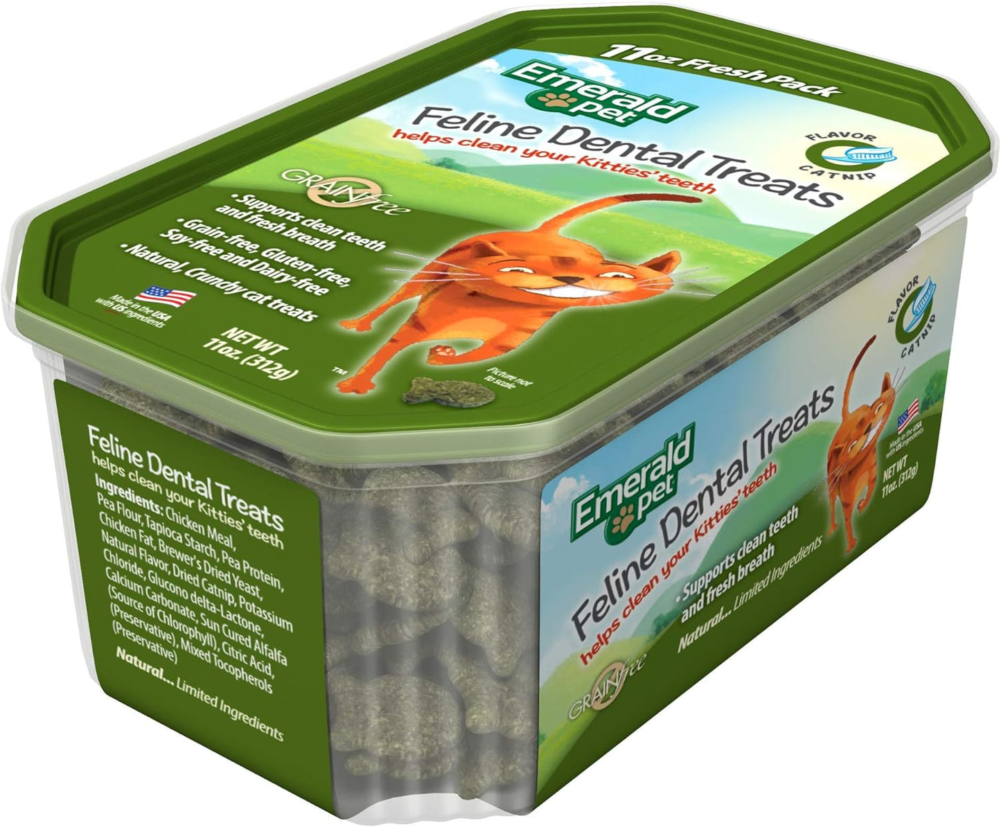Feline Dental Treats — Tasty and Crunchy Cat Dental Treats Grain Free — Natural Dental Treats to Clean Cat Teeth, Freshen Cat Breath, and Reduce Plaque and Tartar Buildup — Catnip Treats, 11 oz