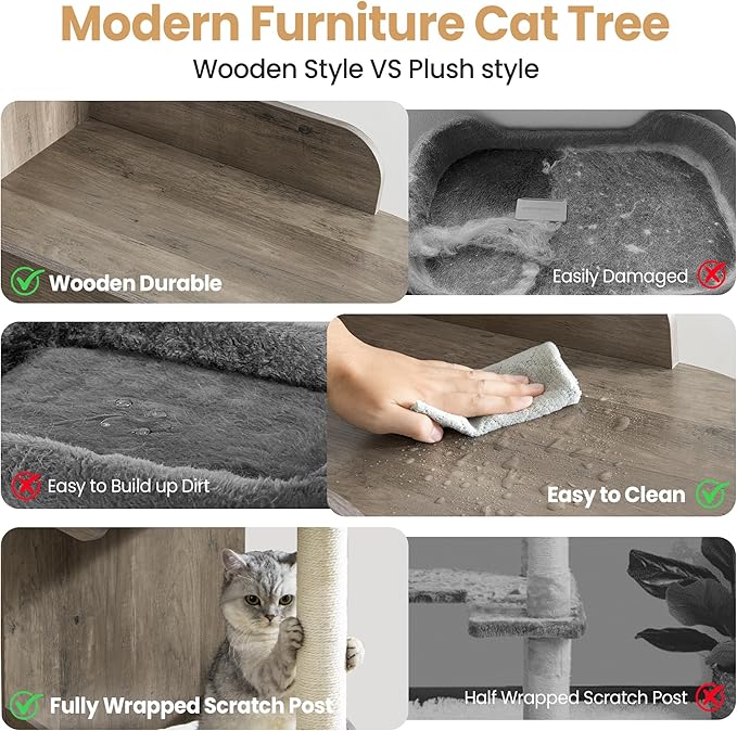 Modern Wood Cat Tree Tower for Indoor Large Cats, Cat Scratching Posts with Big Perch Bed, 44.8" Tall Multi-Level Wooden Cat Condo with Hammock, Removable Pads, Kitty Furniture, Greigy