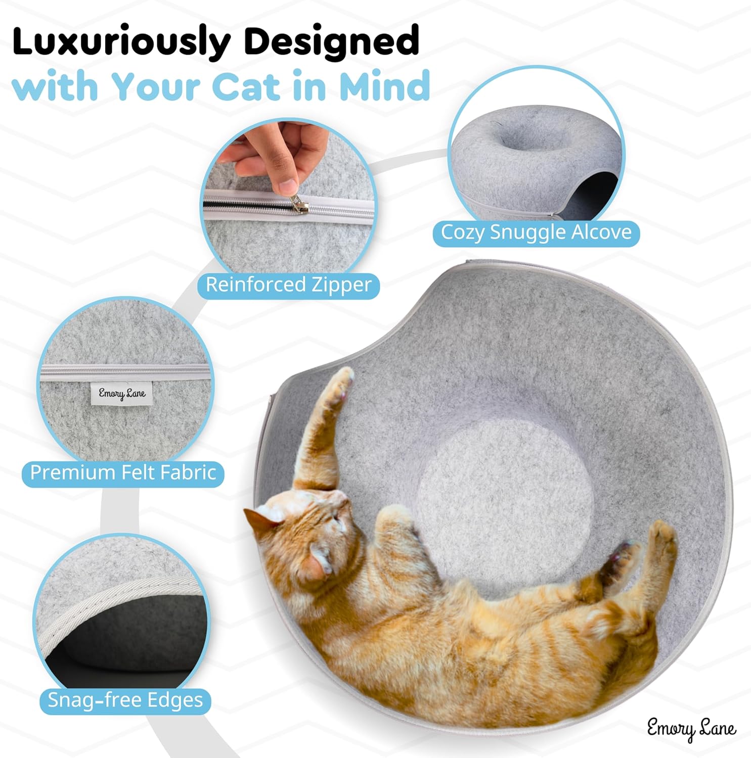 Emory Lane - Premium Cat Cave for Small Pets, Multifunctional Donut Tunnel Bed for Indoor Pets, Round Felt Pet Cave with Premium Zipper, for Pets up to 40 Lbs (24x24x11 Inch) (Light Gray) - Pet Explorer